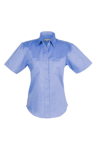 Ladies Cotton Blend Twill Short Sleeve Shirt (BLUE) (XS-3XL)