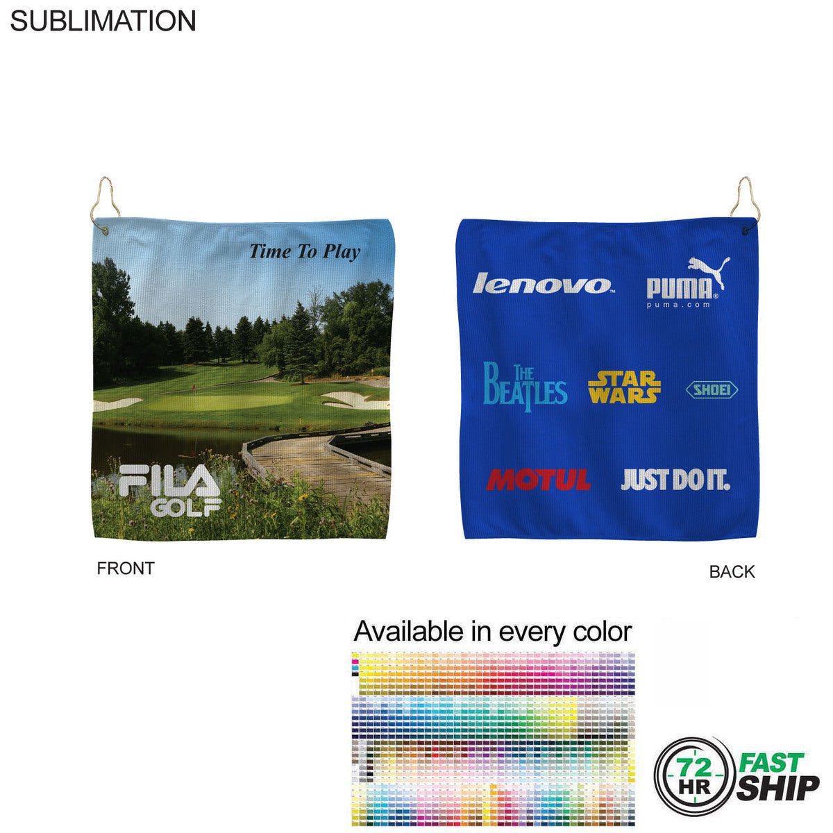 72 Hr Fast Ship - Microfiber Suede Shammy Golf Towel, Finished size 15x15, Sublimated 2 sides