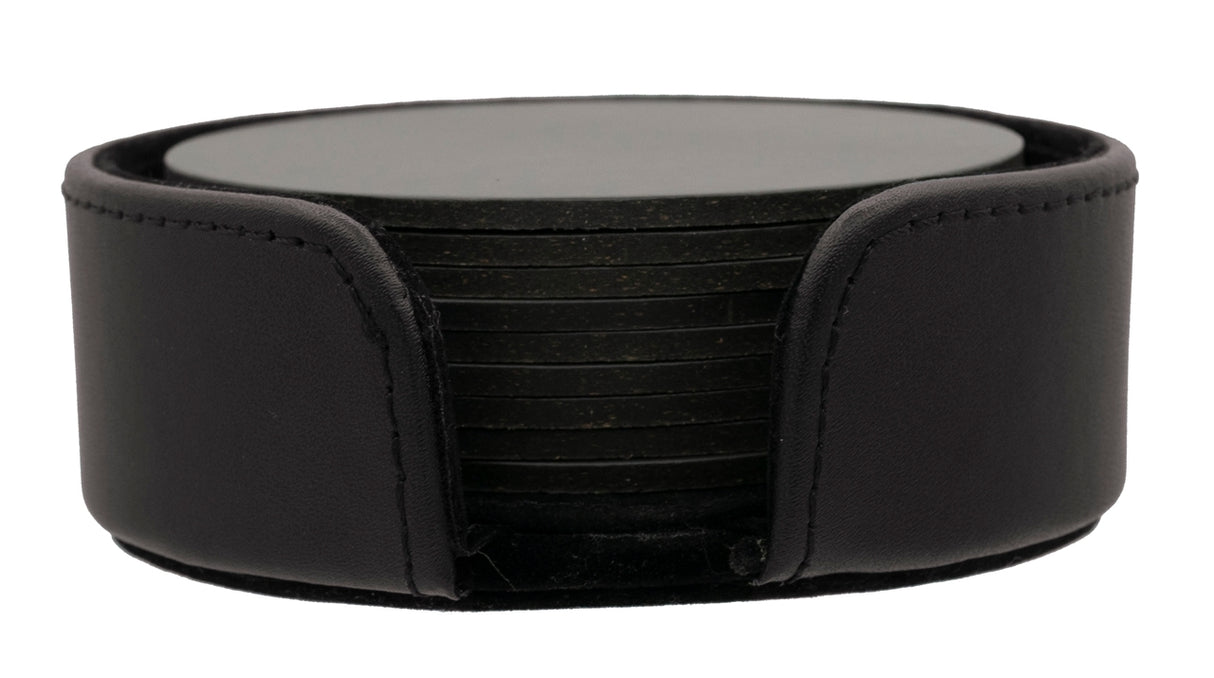Set of 8 round black thick European bonded leather coasters with holder