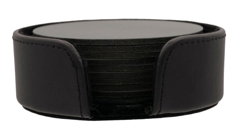Set of 8 round black thick European bonded leather coasters with holder