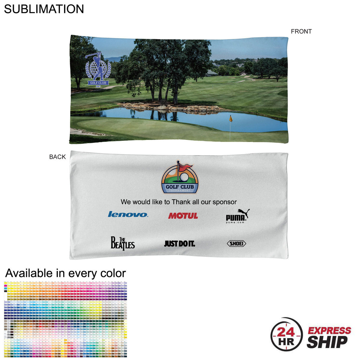 24 Hr Express Ship - Golf Caddie Tournament Towel in Microfiber Terry, 20"x40", Sublimated 2 sides