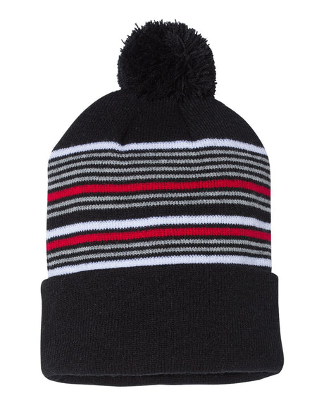 000466 Sportsman 12" Striped Pom-Pom Knit Beanie