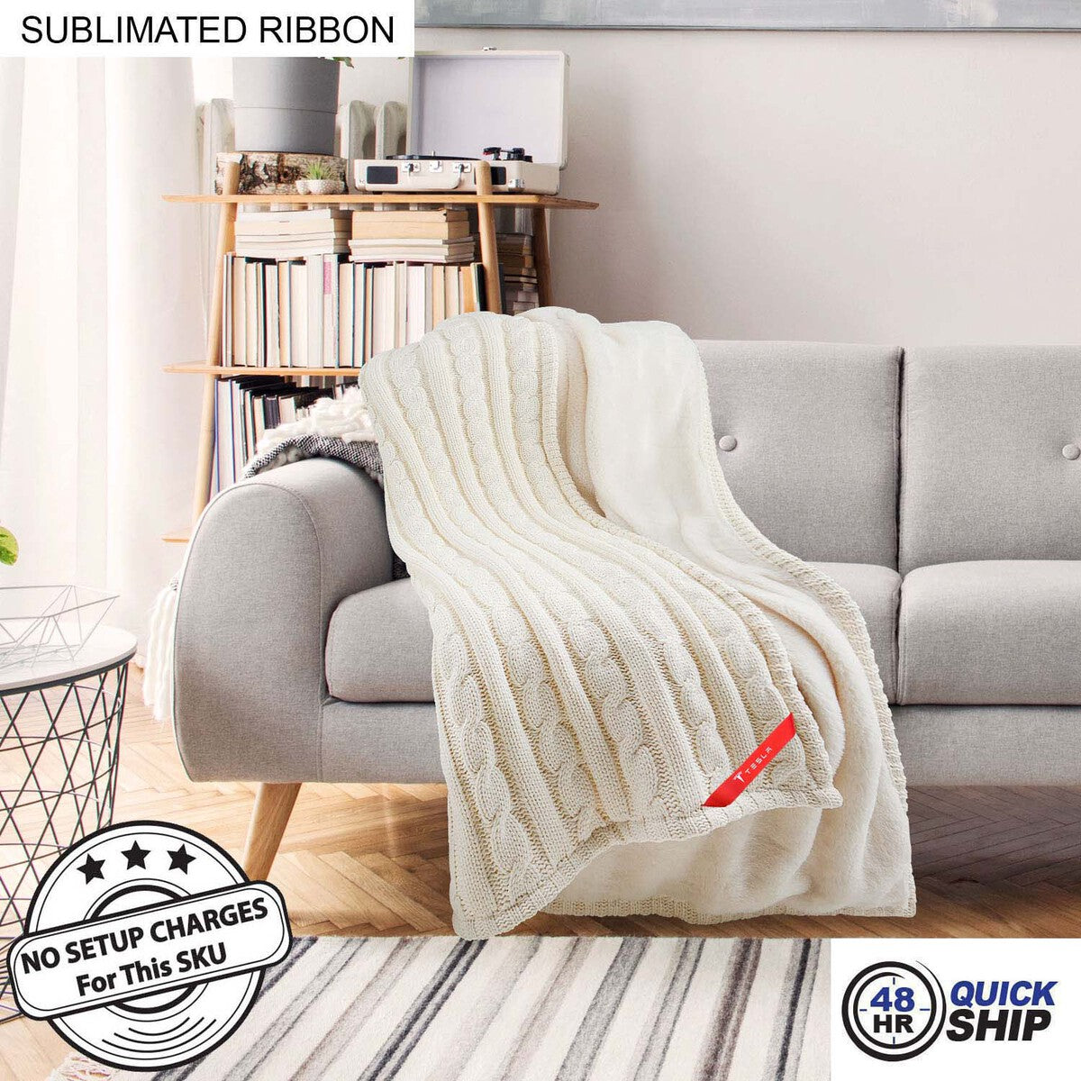 48Hr Quick Ship - Premium Cable Knit Cotton Throw, 50x60, with Sublimated Ribbon, NO SETUP CHARGE