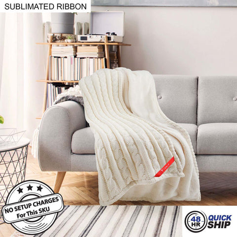48Hr Quick Ship - Premium Cable Knit Cotton Throw, 50x60, with Sublimated Ribbon, NO SETUP CHARGE