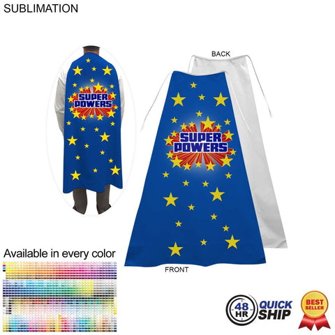 48 Hr Quick Ship - Super Hero Cape, Adult size, Neck Ties, Polyester Fabric, Sublimated Edge to Edge