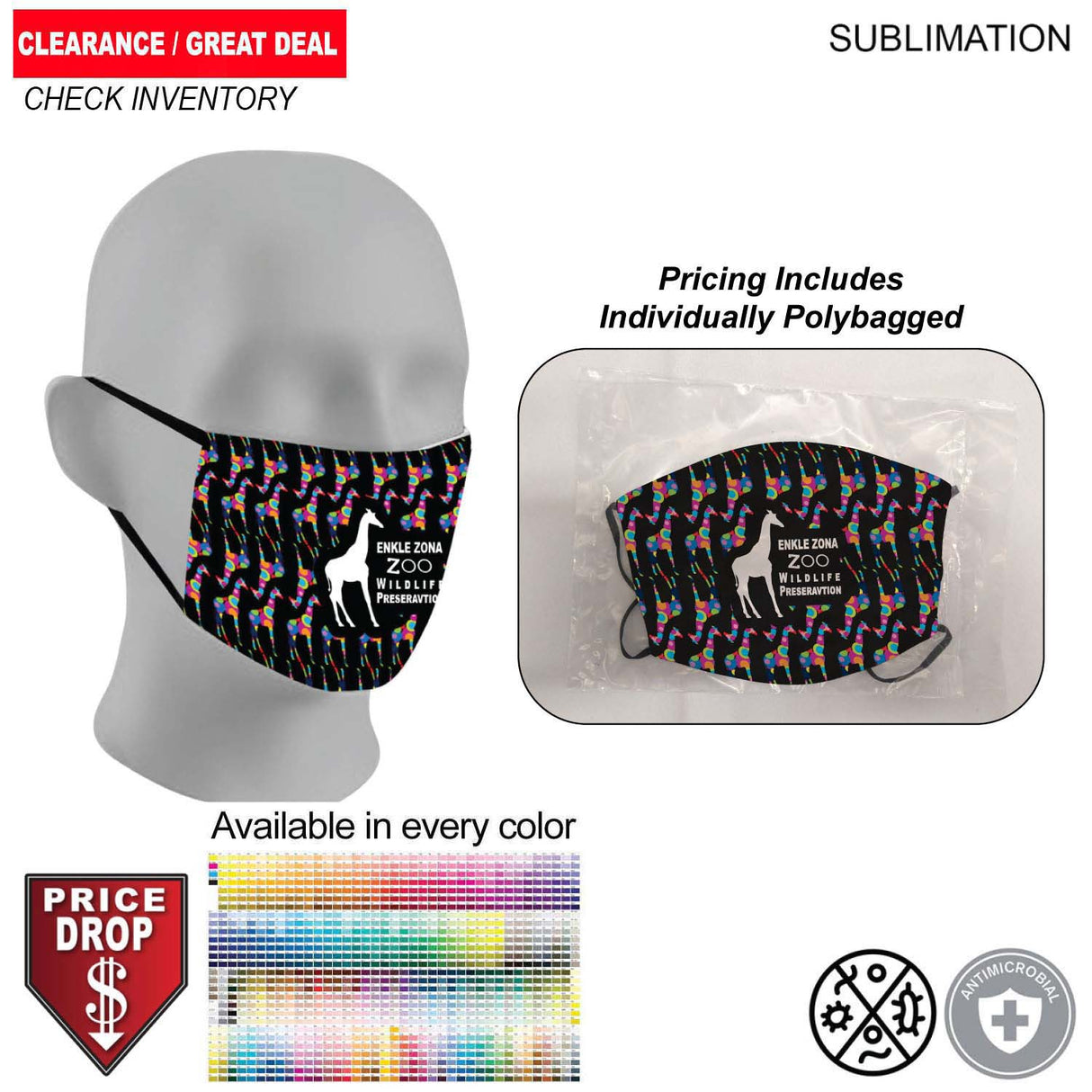 Individually Polybagged Sublimated 2ply Antimicrobial Face Mask available in EVERY COLOR
