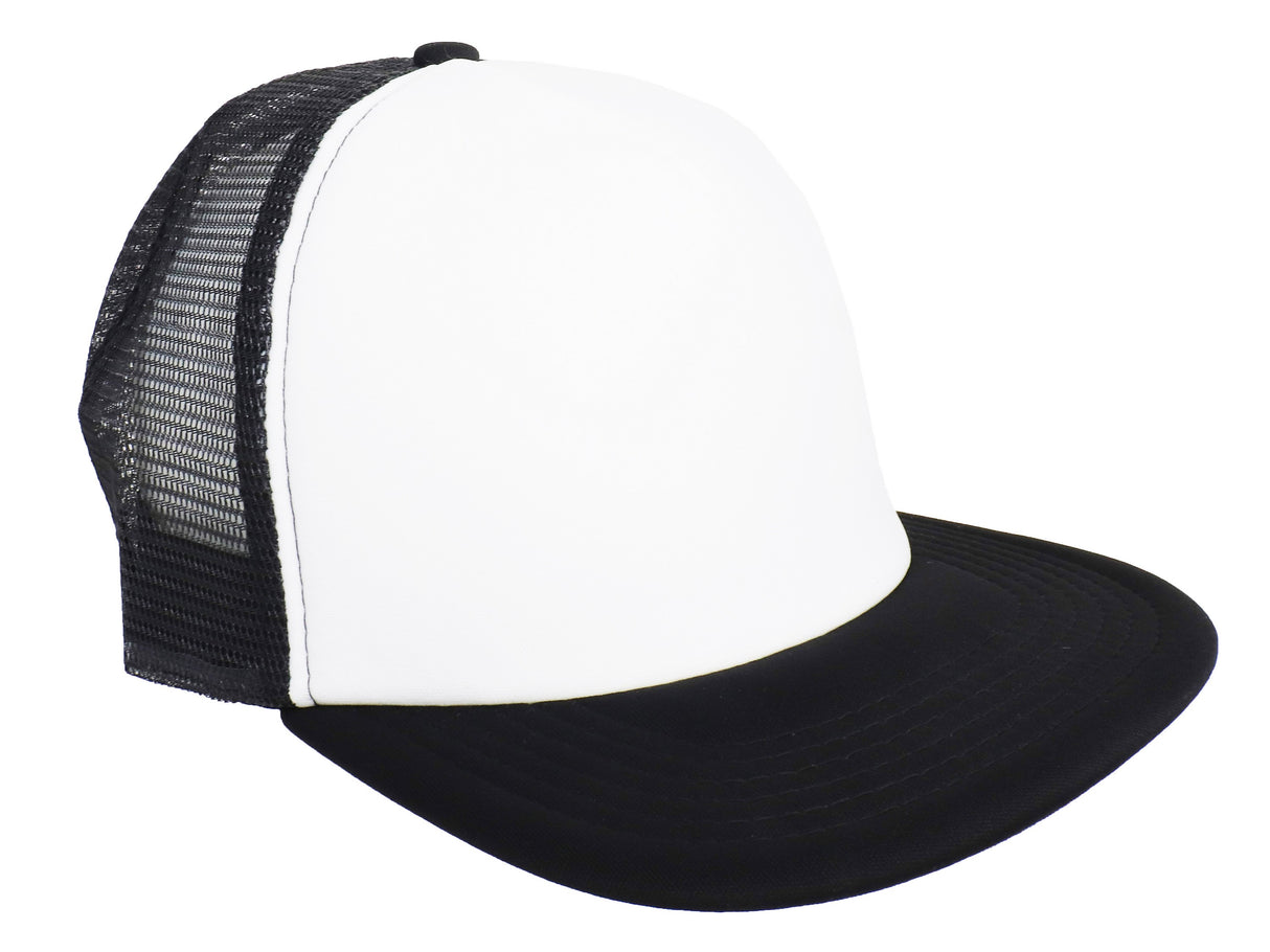 White 5-Panel Poly Foam Mesh Trucker Cap w/Flat Bill (2-Tone)