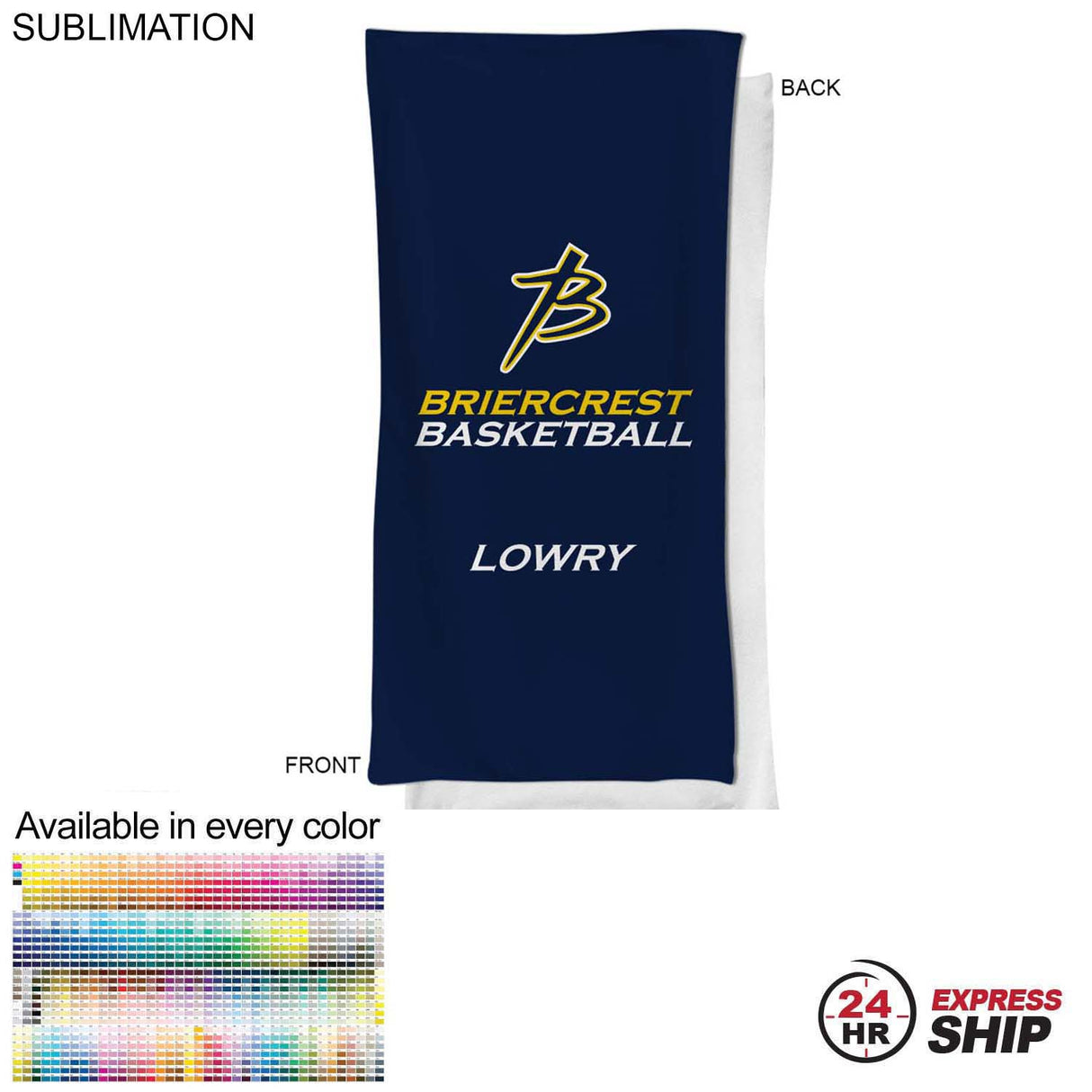 24 Hr Express Ship - Team Towel in Microfiber Dri-Lite Terry, 20x40, Sublimated bench, neck towel