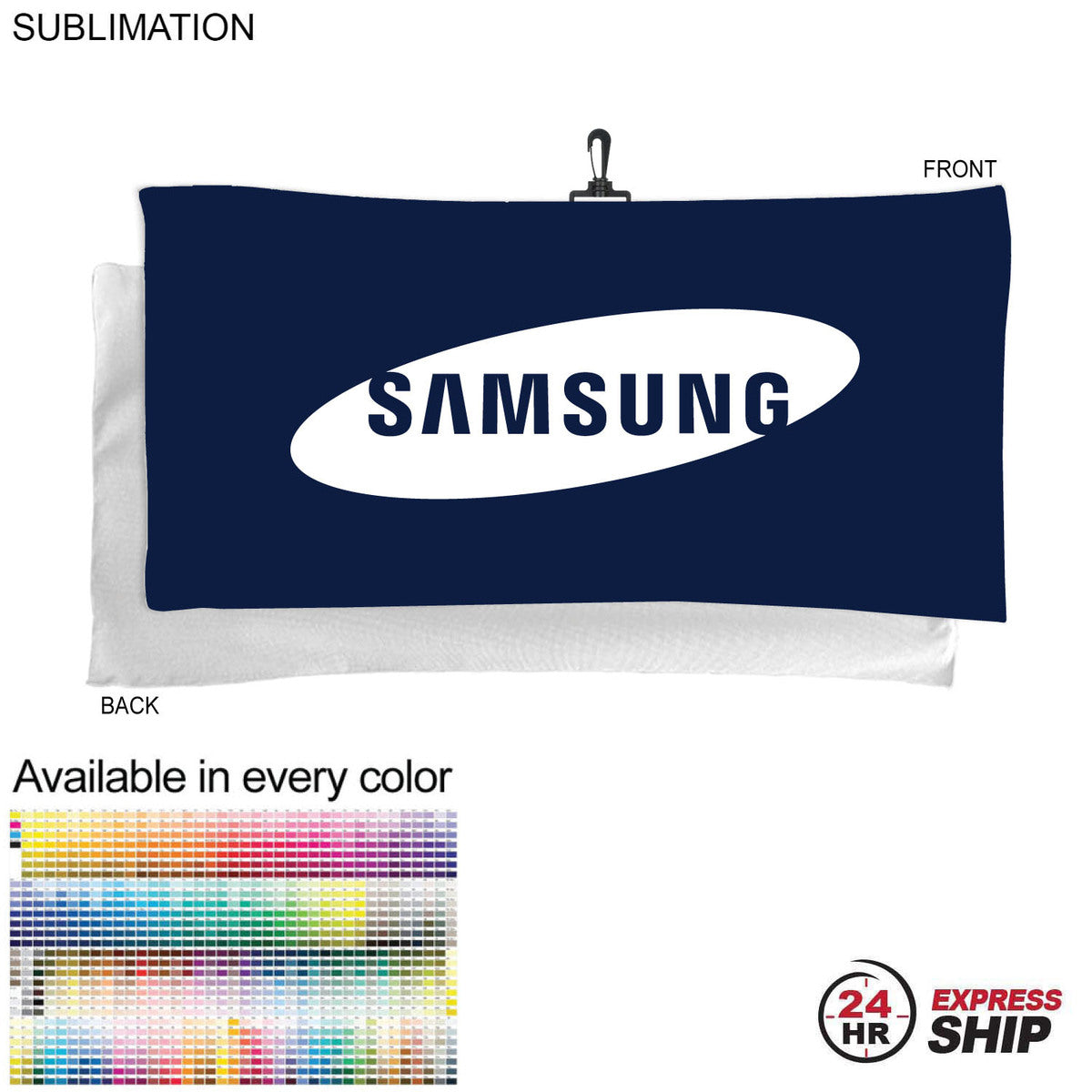 24 Hr Express Ship - Oversized Golf Towel in Microfiber Terry, 20x40, with Black Hook, Sublimated