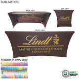 72 Hr Fast Ship - Sublimated Stretch Curved Fit Table Throw for 6ft table, 3 sided, Open Back