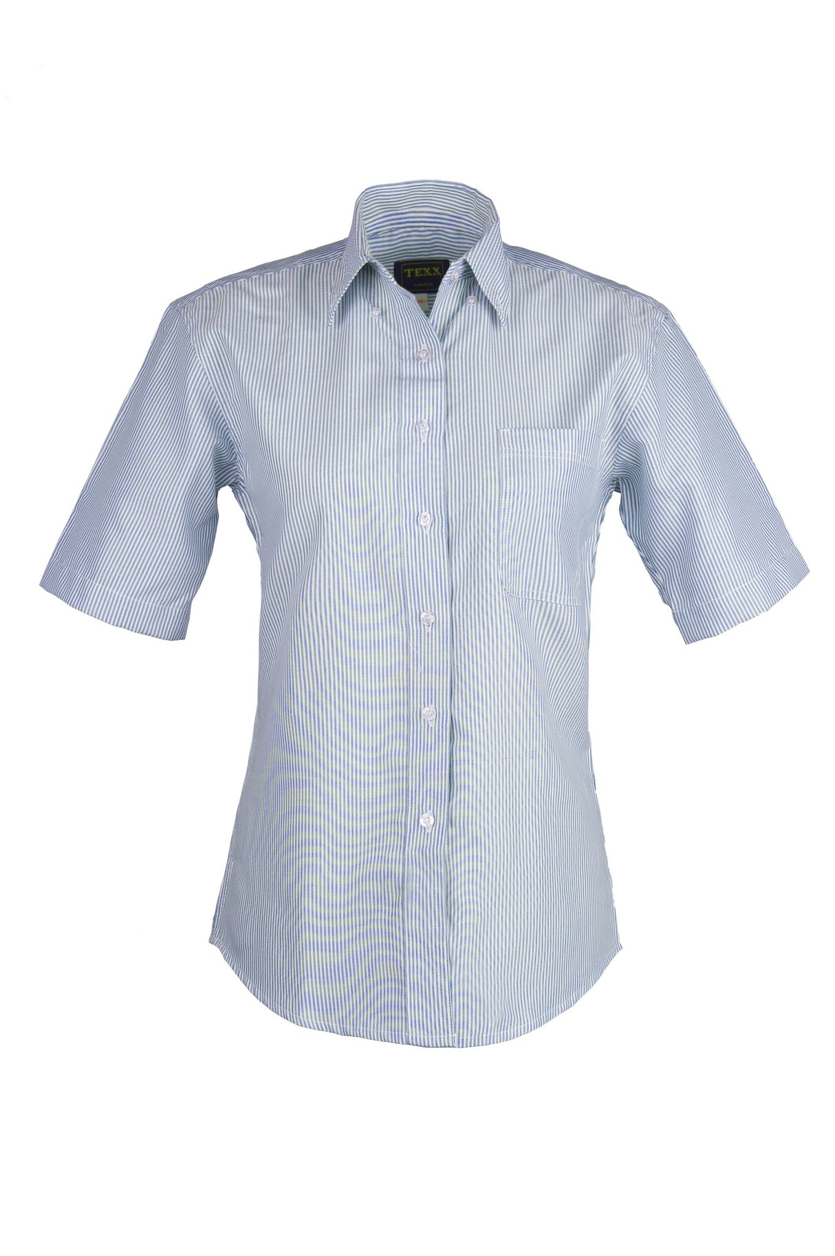 Ladies Cotton Blend Oxford Striped Short Sleeve Shirt (Navy) (XS-3XL)