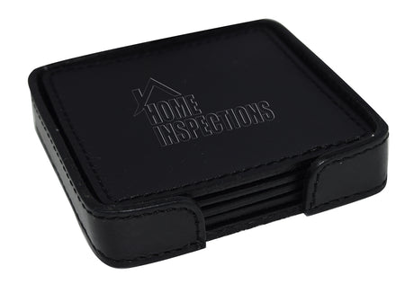 Set of 4 Genuine Leather Square Coasters with Stitched Edge in Holder - black