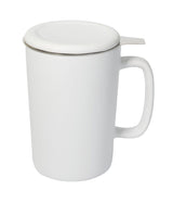 Ceylon 13oz white ceramic mug with lid & stainless steel tea strainer in Ripple gift box