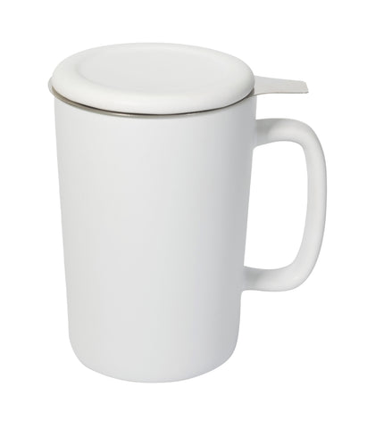 Ceylon 13oz white ceramic mug with lid & stainless steel tea strainer in Ripple gift box