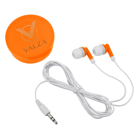 Earbuds In Round Plastic Case