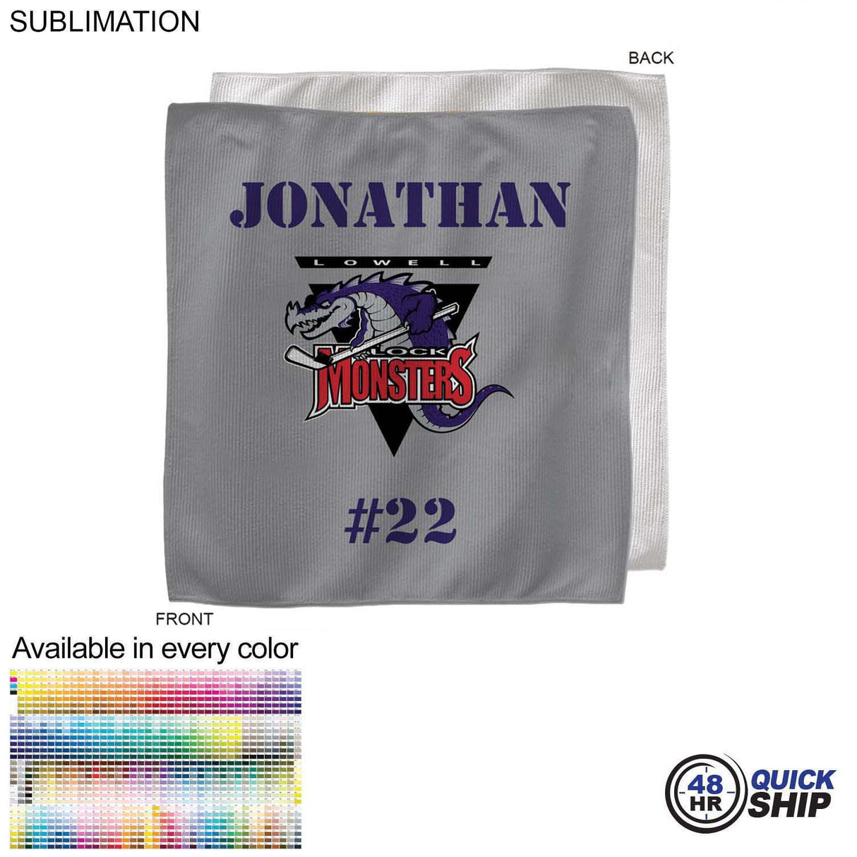 48 Hr Quick Ship - Team Towel in Microfiber Dri-Lite Terry, 15x15, Sublimated sweat towel