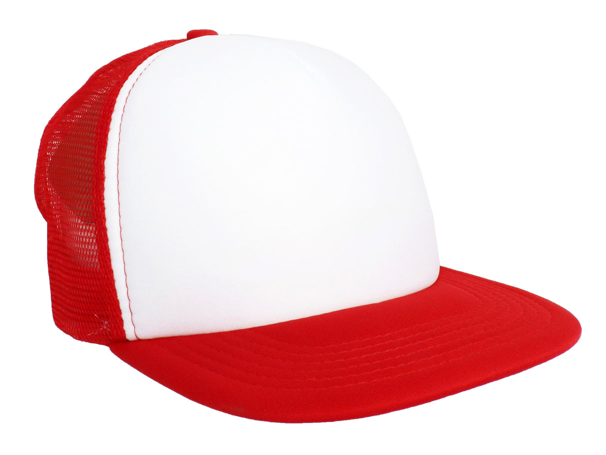White 5-Panel Poly Foam Mesh Trucker Cap w/Flat Bill (2-Tone)