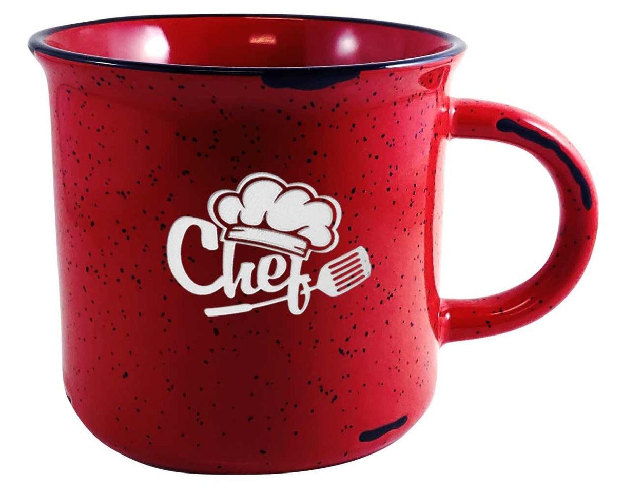 Campfire 16oz red mug with black distress trim white speckles in Ripple gift box - Etched