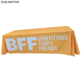 72 Hr Fast Ship - Sublimated PREMIUM Cloth for 8' table, Drape style, Closed Back, Rounded Corners
