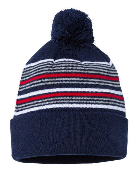 000466 Sportsman 12" Striped Pom-Pom Knit Beanie