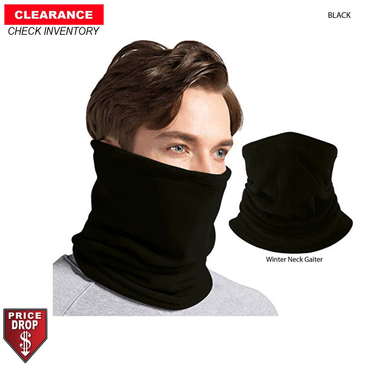 Discounted Multifunction Tubular 2-ply Black WINTER Neck Gaiter (Polyester Microfleece), Blank Only