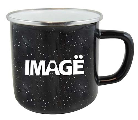 Happy Camper enamel 18oz mug w/SS rim black with white dots