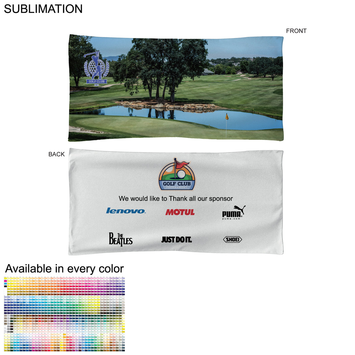 Golf Caddie Tournament Towel in Microfiber Dri-Lite Terry, 20"x40", Sublimated Edge to Edge 2 sides