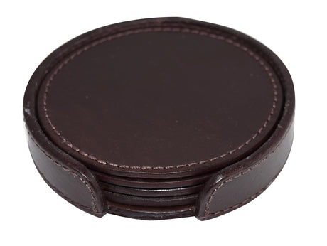 Set of 4 Genuine Leather Round Coasters with Stitched Edge in Holder - brown