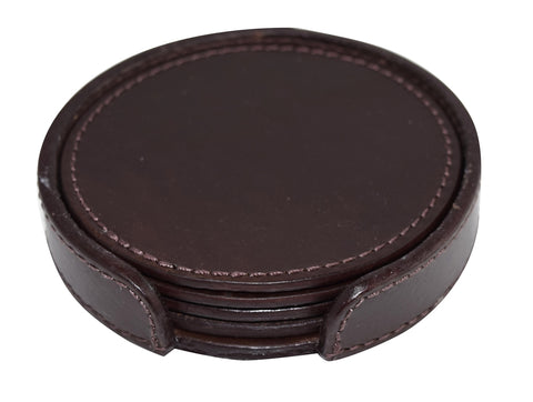 Set of 4 Genuine Leather Round Coasters with Stitched Edge in Holder - brown