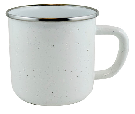 Happy Camper enamel 18oz mug w/SS rim white with black dots