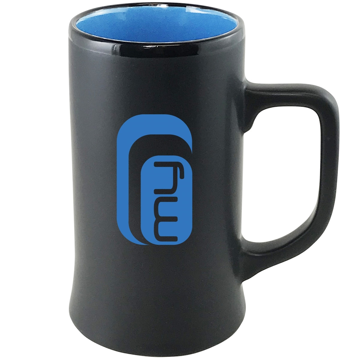 Cambria 14oz ceramic stein matte black with sky blue interior in Ripple gift box