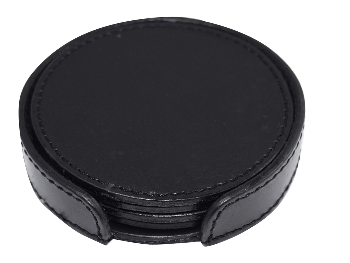 Set of 4 Genuine Leather Round Coasters with Stitched Edge in Holder - black