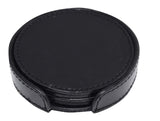 Set of 4 Genuine Leather Round Coasters with Stitched Edge in Holder - black