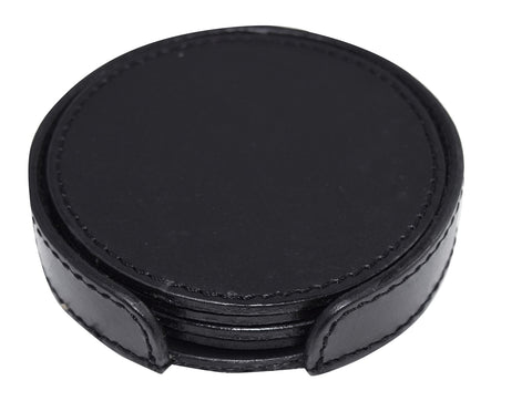 Set of 4 Genuine Leather Round Coasters with Stitched Edge in Holder - black