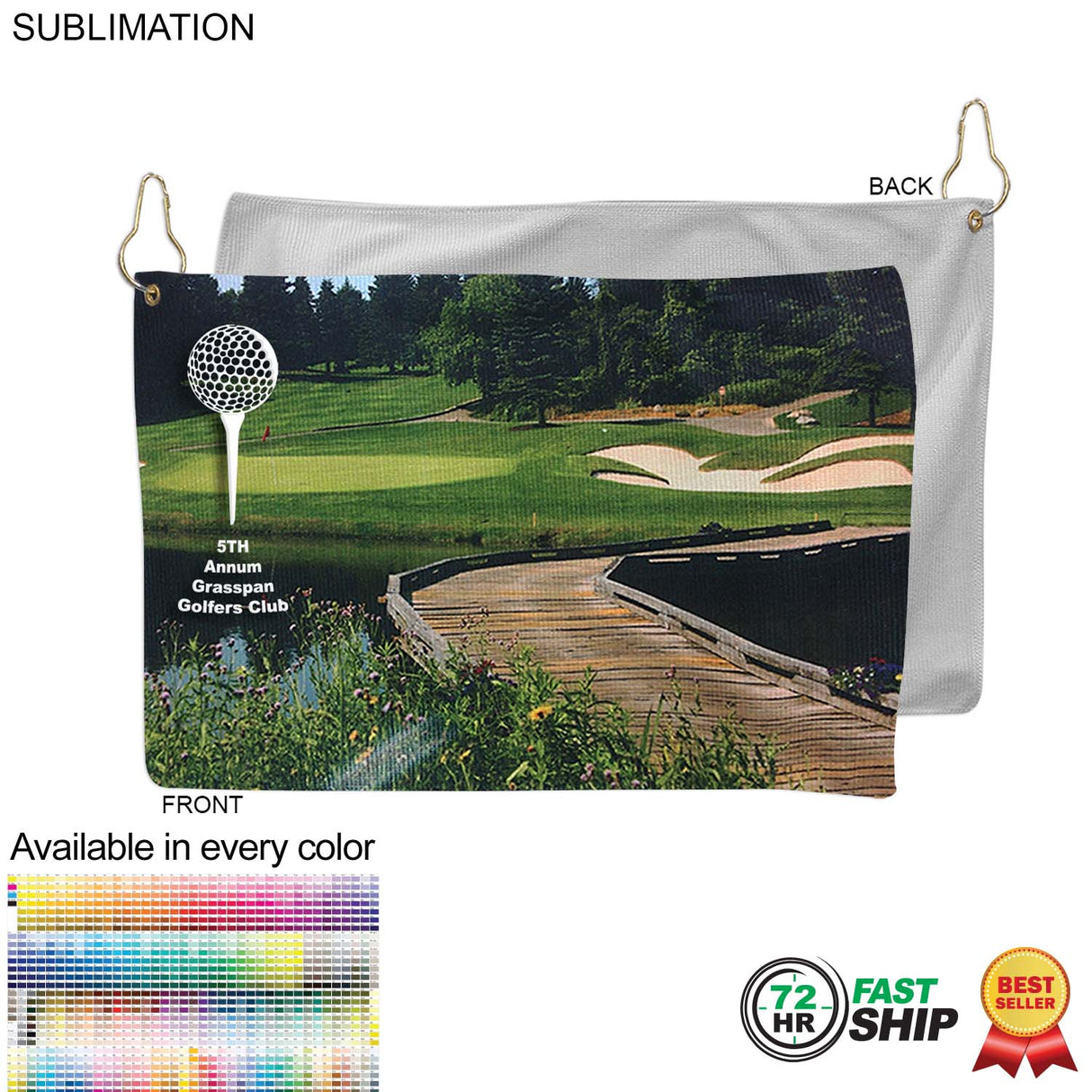 72Hr Fast Ship - Microfiber Dri-Lite Terry Golf Towel, 12x18, Nofold Grommet & Hook, Sublimated