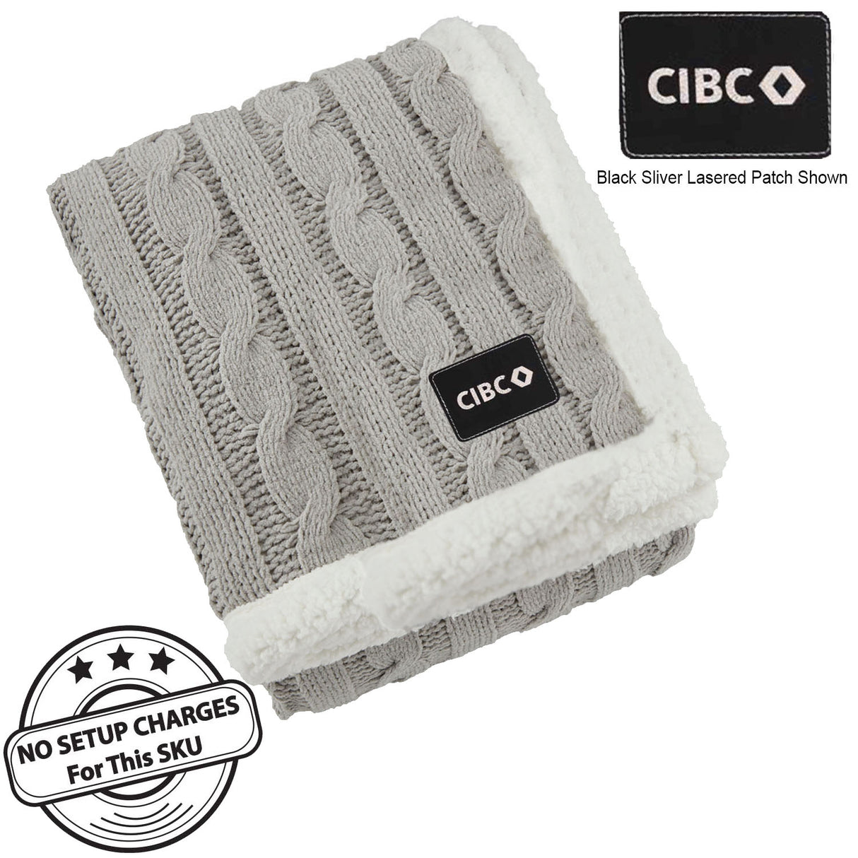 Cable Knit Chenille Sherpa Throw, with Lasered logo patch, NO SETUP CHARGE