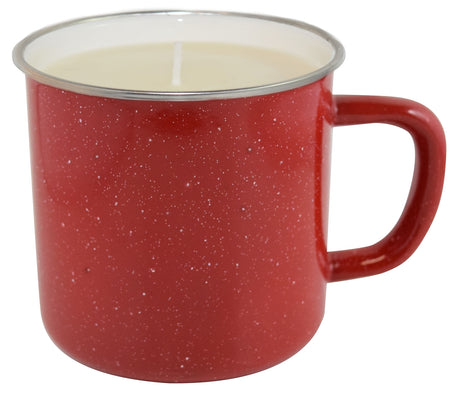 Happy Camper Candle, enamel mug w/SS rim red with Citronella wax fill