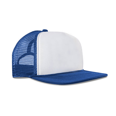 White 5-Panel Poly Foam Mesh Trucker Cap w/Flat Bill (2-Tone)