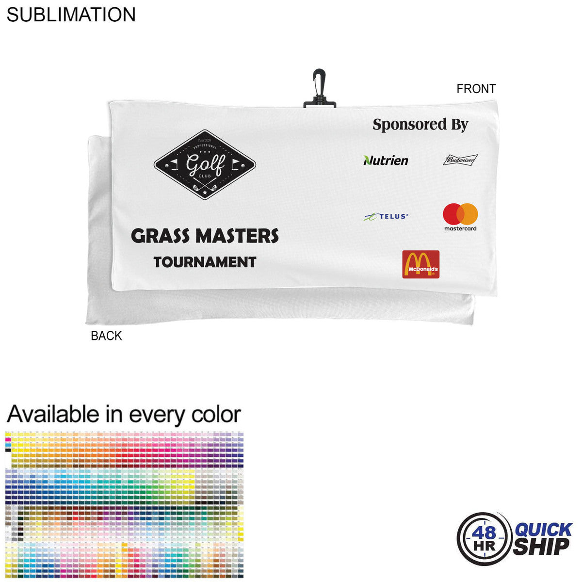 48 Hr Quick Ship - Oversized Golf Towel in Microfiber Terry, 22x44, with Black Hook, Sublimated