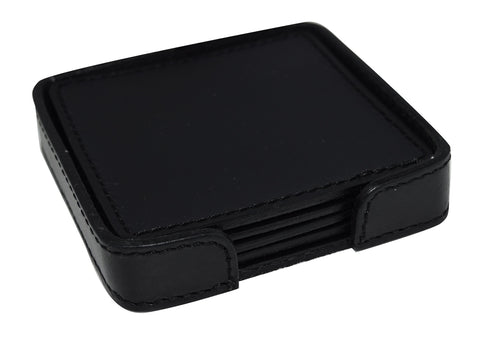 Set of 4 Genuine Leather Square Coasters with Stitched Edge in Holder - black