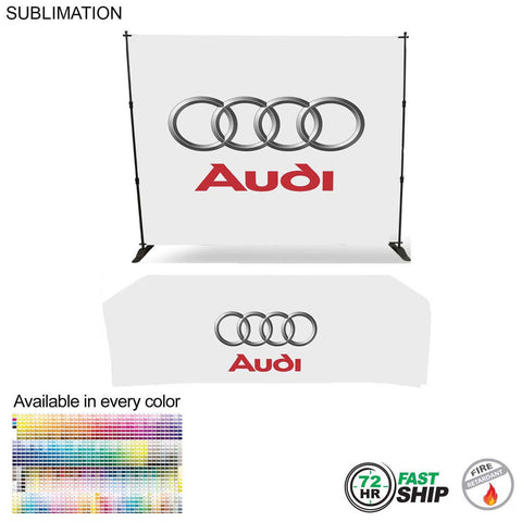 72 Hr Fast Ship- Tradeshow Booth Package, 10' Expanding Display and 8' Sublimated PREMIUM Tablecloth
