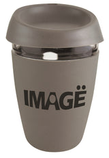 Vienna 12oz glass cup with grey silicone lid and sleeve in gift box