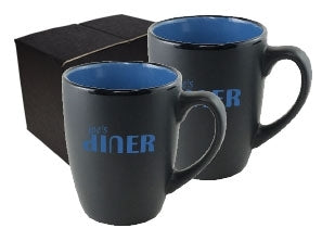 ~Cottager 12oz matte black mug with sky blue interior S/2 in Mystique gift box
