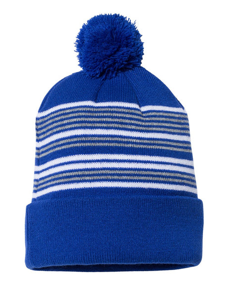 000466 Sportsman 12" Striped Pom-Pom Knit Beanie