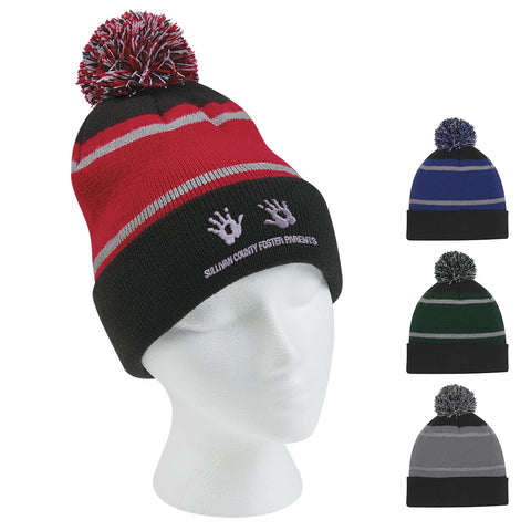 Tri-tone Striped Pom Beanie With Cuff