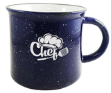 Campfire 16oz cobalt/white mug with black distress trim white speckles in Ripple gift box - Etch