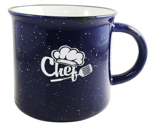 Campfire 16oz cobalt/white mug with black distress trim white speckles in Ripple gift box - Etch