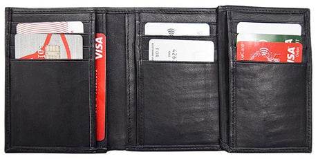 Leather Tri-Fold Wallet black smooth sheep nappa leather, RFID