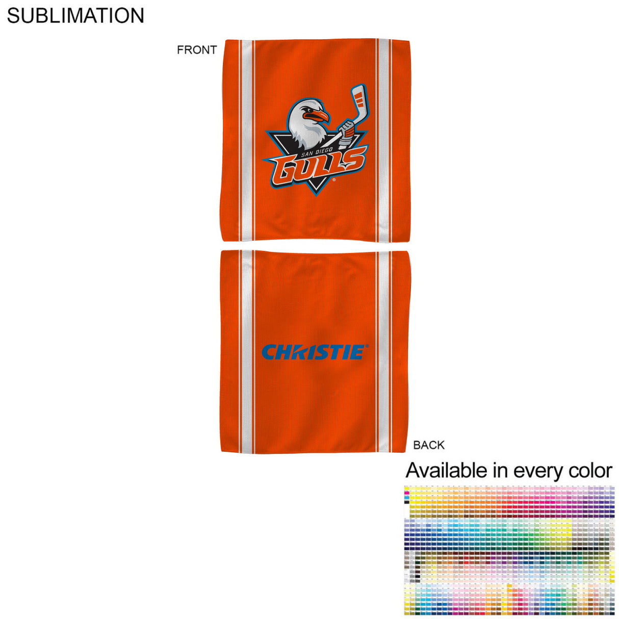 Colored Sublimated Rally, Skate Towels with Jersey stripes, 10x10, Sublimated Edge to Edge 2 sides