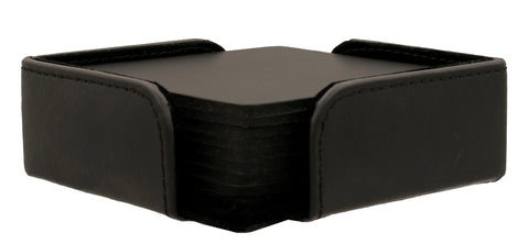 Set of 8 square black thick European bonded leather coasters with holder